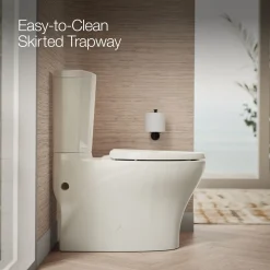 Two-piece elongated toilet with skirted trapway, dual-flush