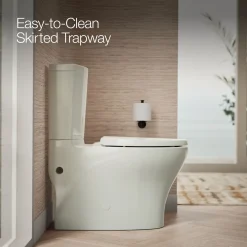 Two-piece elongated toilet with skirted trapway, dual-flush