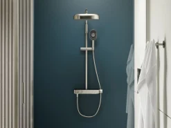 Two-way exposed thermostatic valve with shower column for rainhead and handshower