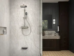 Two-way exposed thermostatic valve with shower column for rainhead and handshower