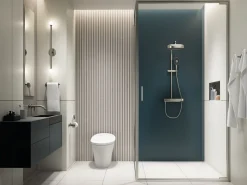 Two-way exposed thermostatic valve with shower column for rainhead and handshower