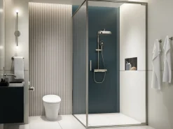 Two-way exposed thermostatic valve with shower column for rainhead and handshower