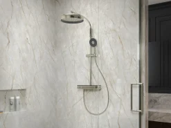 Two-way exposed thermostatic valve with shower column for rainhead and handshower