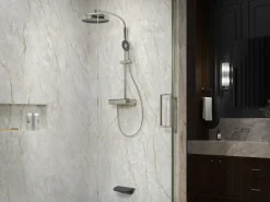 Two-way exposed thermostatic valve with shower column for rainhead and handshower
