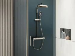 Two-way exposed thermostatic valve with shower column for rainhead and handshower