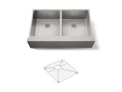 35-1/2" undermount double-bowl farmhouse kitchen sink with accessories