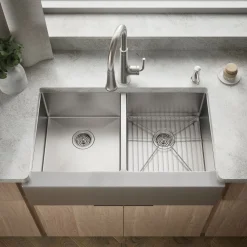 35-1/2" undermount double-bowl farmhouse kitchen sink with accessories