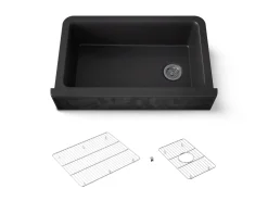 34" undermount single-bowl farmhouse kitchen sink with faceted design