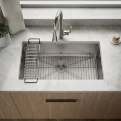 32" undermount single-bowl kitchen sink with accessories