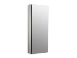 15" W x 36-1/8" H aluminum single-door medicine cabinet with 107 degree hinge