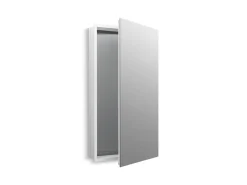 20-1/8" W x 36-1/8" H aluminum single-door medicine cabinet with 170 degree hinge