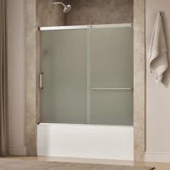 56-1/4"-59-5/8" W x 56-3/4" H sliding bath door with 1/4"-thick Frosted glass